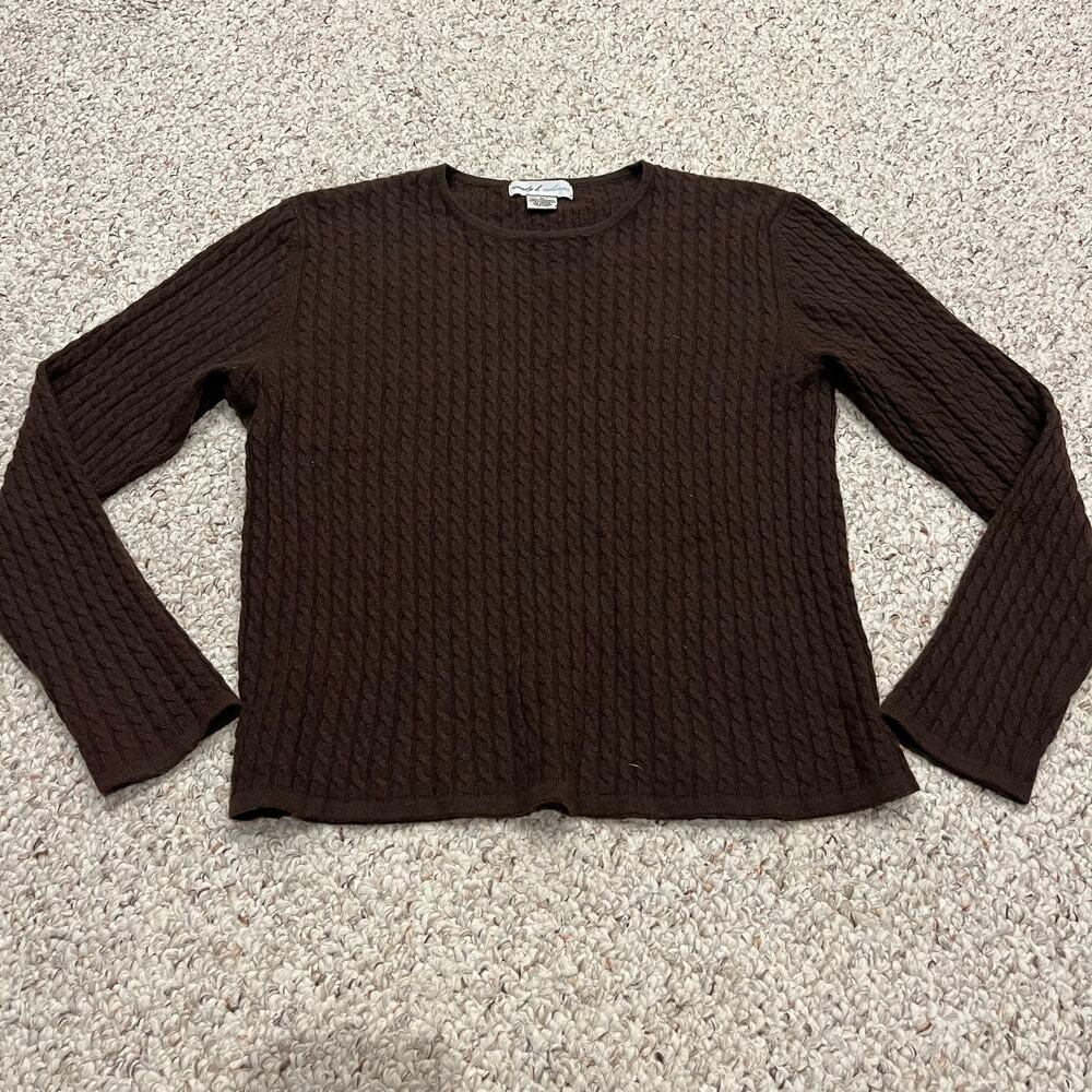 Wendy B Cashmere Cable Knit Crewneck Sweater M Brown Quiet Luxury Old Money